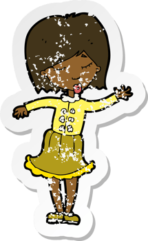 retro distressed sticker of a cartoon waving woman png