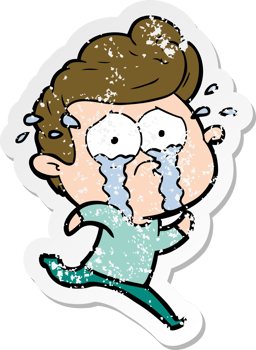distressed sticker of a cartoon crying man running png