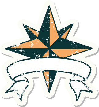 worn old sticker with banner of a star png