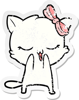 distressed sticker of a cartoon cat with bow on head png