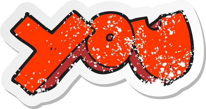 retro distressed sticker of a cartoon you symbol png