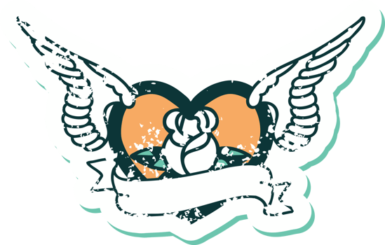 iconic distressed sticker tattoo style image of a flying heart with flowers and banner png