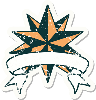 worn old sticker with banner of a star png