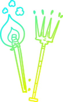 cold gradient line drawing of a cartoon pitchfork and burning brand png