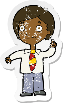 retro distressed sticker of a cartoon school boy answering question png