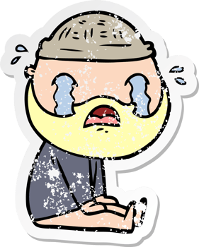 distressed sticker of a cartoon bearded man crying png