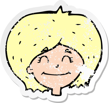 retro distressed sticker of a cartoon happy female face drawing png