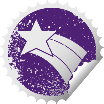 distressed circular peeling sticker symbol of a shooting rainbow star png