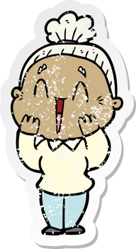 distressed sticker of a cartoon happy old lady png