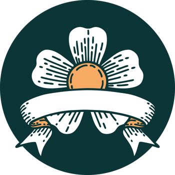 tattoo style icon with banner of a flower png