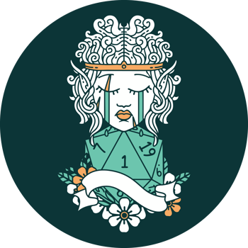 icon of sad elf barbarian character face with natural one D20 roll png