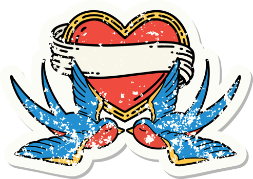distressed sticker tattoo in traditional style of swallows and a heart with banner png