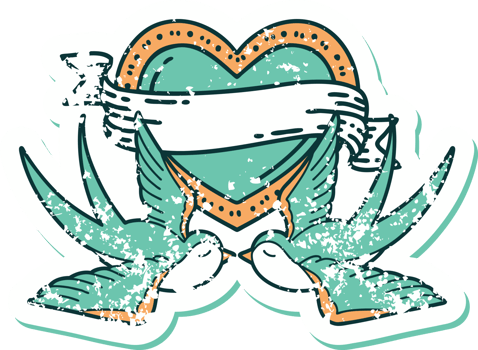 iconic distressed sticker tattoo style image of swallows and a heart with banner png