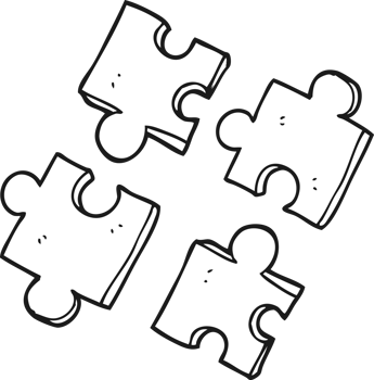 hand drawn black and white cartoon jig saw pieces png