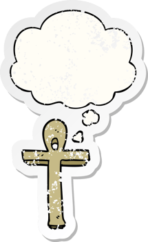 cartoon ankh symbol with thought bubble as a distressed worn sticker png