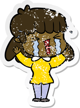 distressed sticker of a cartoon woman in tears png