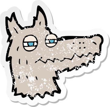 retro distressed sticker of a cartoon smug wolf face drawing png