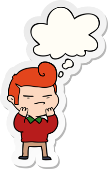 cartoon cool guy with fashion hair cut with thought bubble as a printed sticker png