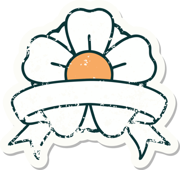 worn old sticker with banner of a flower png