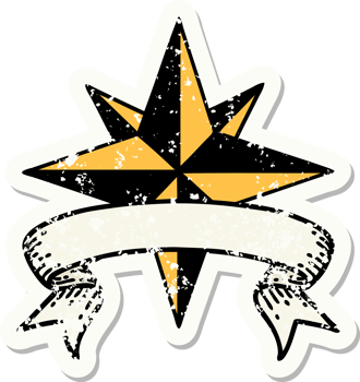 worn old sticker with banner of a star png