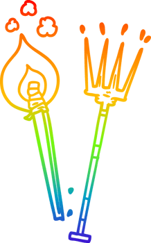 rainbow gradient line drawing of a cartoon pitchfork and burning brand png