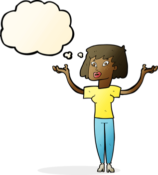 cartoon woman holding up hands with thought bubble png