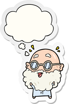 cartoon surprised old man with thought bubble as a printed sticker png