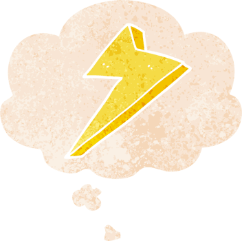 cartoon lightning with thought bubble in grunge distressed retro textured style png