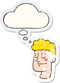 cartoon male face with thought bubble as a distressed worn sticker png