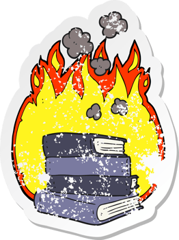 retro distressed sticker of a cartoon stack of books burning png