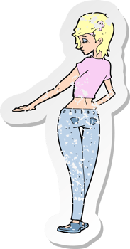 retro distressed sticker of a cartoon pretty girl in jeans and tee drawing png