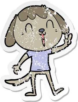distressed sticker of a happy cartoon dog giving peace sign png
