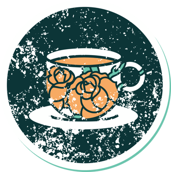 iconic distressed sticker tattoo style image of a cup and flowers png