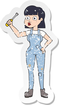 retro distressed sticker of a cartoon female mechanic png