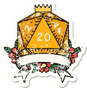 grunge sticker of a natural 20 critical hit D20 dice roll png
