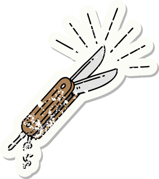 worn old sticker of a tattoo style folding knife png