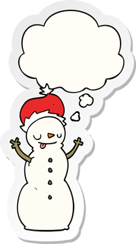 cartoon christmas snowman with thought bubble as a printed sticker png