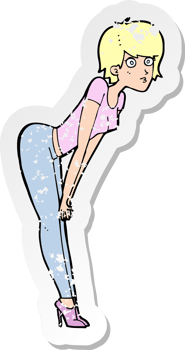retro distressed sticker of a cartoon woman looking at something drawing png