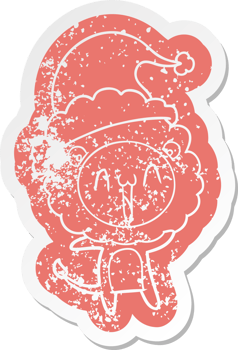 happy quirky cartoon distressed sticker of a lion wearing santa hat png