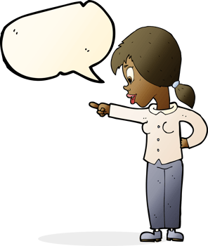 cartoon enthusiastic woman pointing with speech bubble png