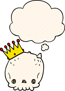 cartoon skull with crown with thought bubble in comic book style png