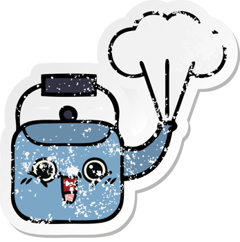 distressed sticker of a cute cartoon steaming kettle png