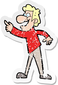 retro distressed sticker of a cartoon man pointing and laughing drawing png