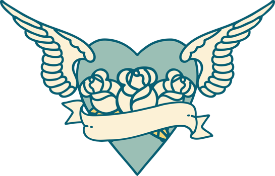 iconic tattoo style image of heart with wings flowers and banner png