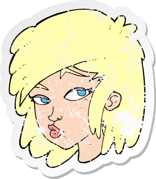 retro distressed sticker of a cartoon curious woman drawing png