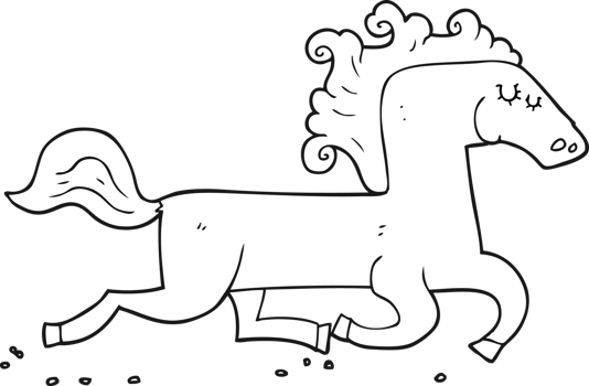 hand drawn black and white cartoon running horse png