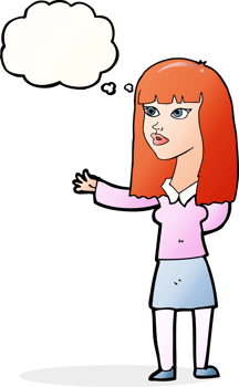 cartoon woman gesturing to show something with thought bubble png