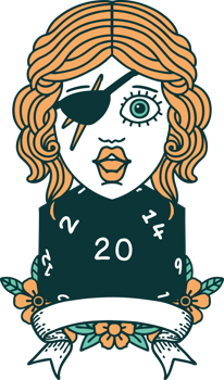 Retro Tattoo Style human rogue with natural 20 dice roll png