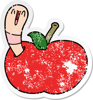 distressed sticker of a cartoon worm in apple png