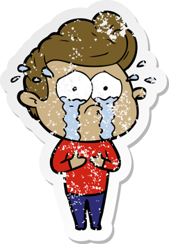 distressed sticker of a cartoon crying man png